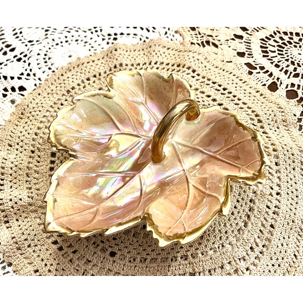 Vintage Iridescent Pink & Gold Leaf Dish with Handle – Mid‑Century Ceramic Tray